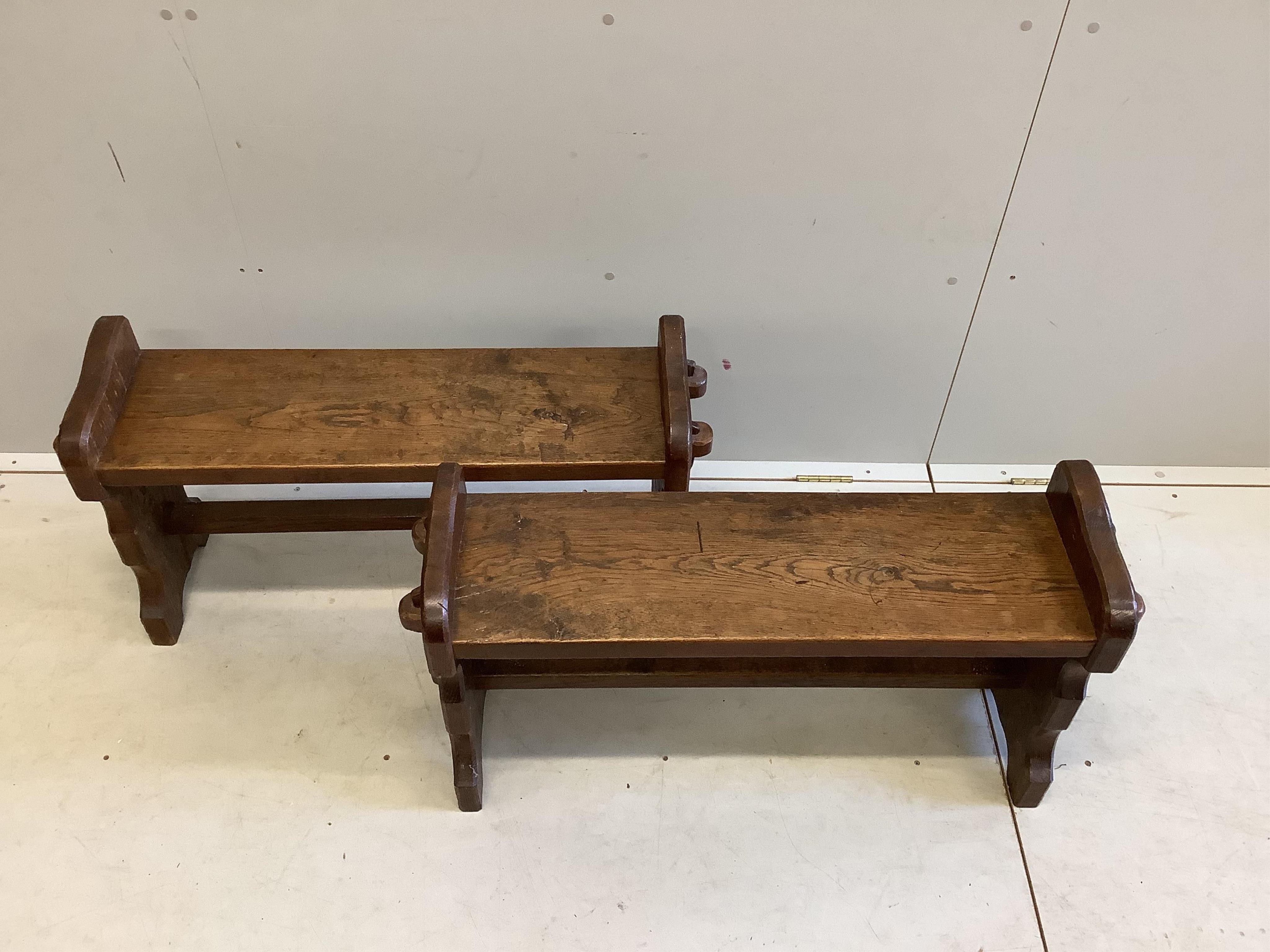 A pair of 18th century style small oak bench seats, width 96cm, depth 25cm, height 51cm